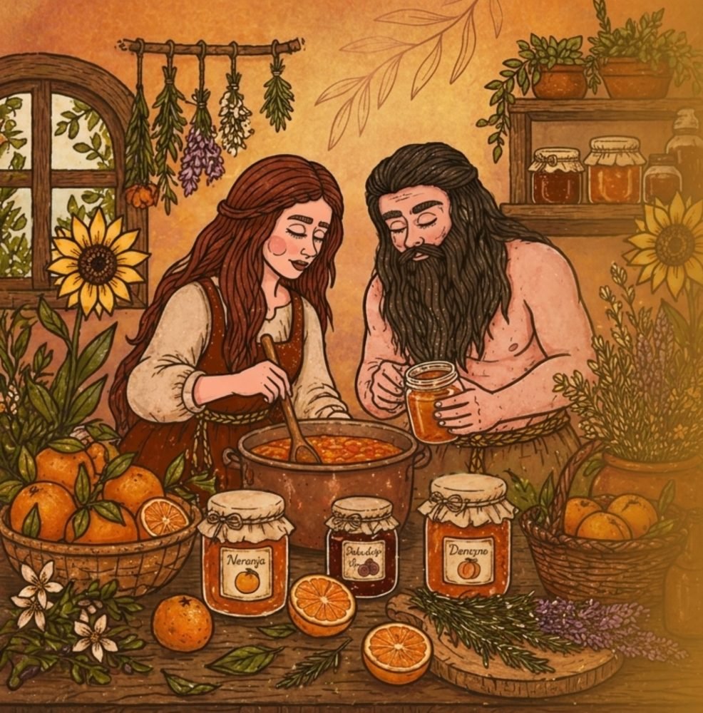 Ilustración de la Bruja y el Mago preparando dulces en paila de cobre