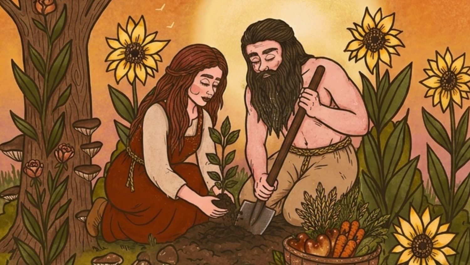 Ilustración de la Bruja y el Mago plantando en la huerta, entre girasoles